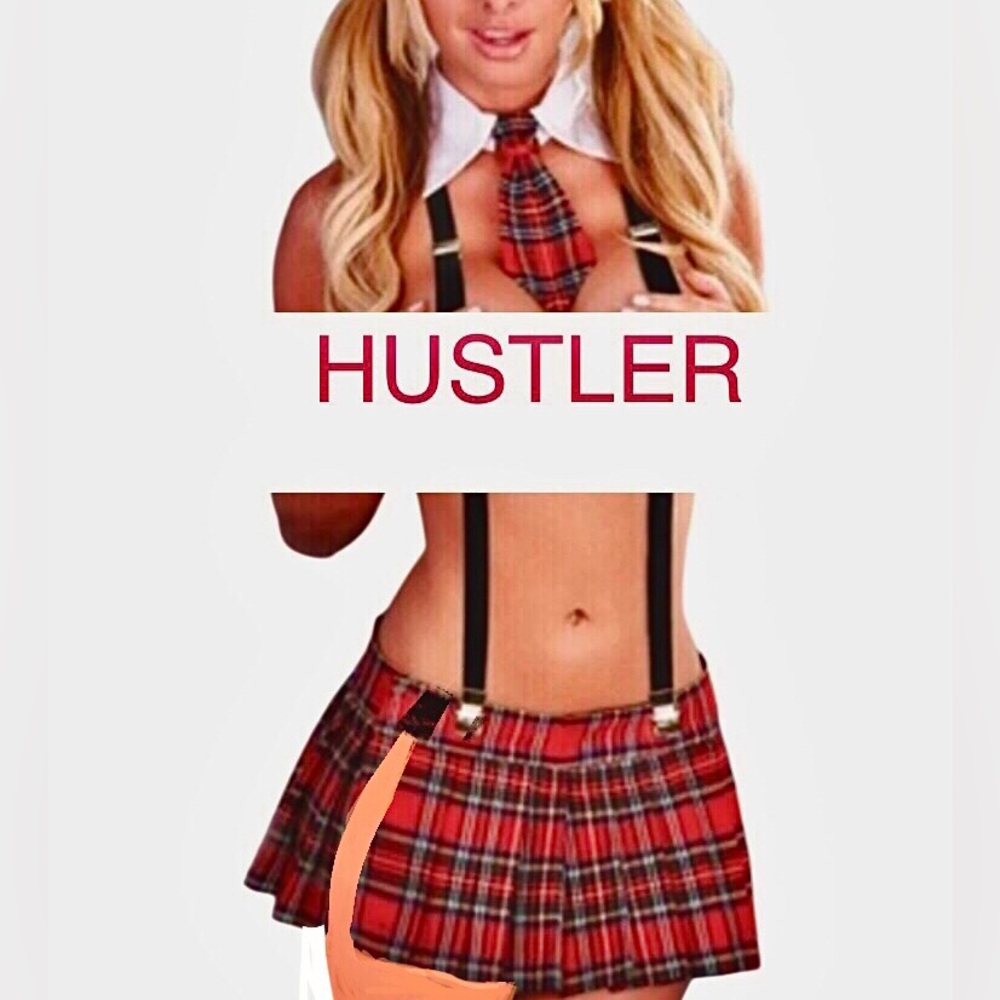 Hustler Hollywood white top tiny Red Plaid side slit Skirt and Tie Set